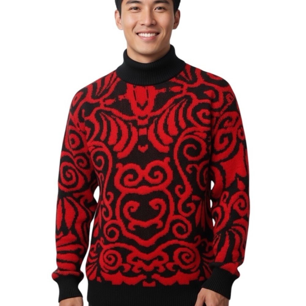 ADELE Men’s Red and Black Vintage 90s Turtleneck Sweater Dad Sweater Size Small